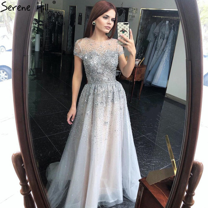 Serene Hill Silver A-Line Tulle Evening Dresses 2025 Dubai Short Sleeves Beading Formal Dress Design LA70715 - SERENE HILL