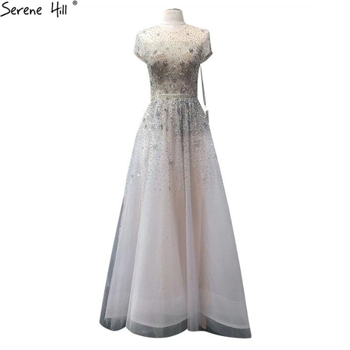 Serene Hill Silver A-Line Tulle Evening Dresses 2025 Dubai Short Sleeves Beading Formal Dress Design LA70715 - SERENE HILL