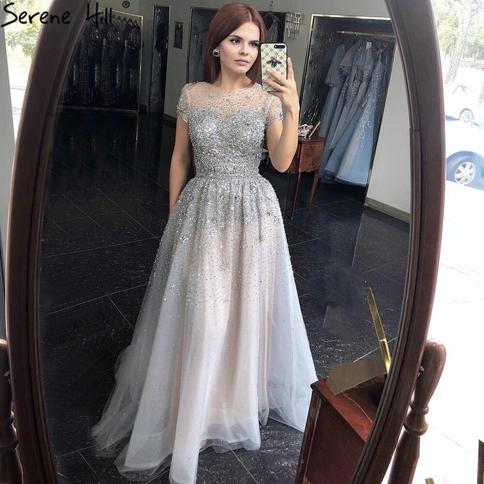 Serene Hill Silver A-Line Tulle Evening Dresses 2025 Dubai Short Sleeves Beading Formal Dress Design LA70715 - SERENE HILL
