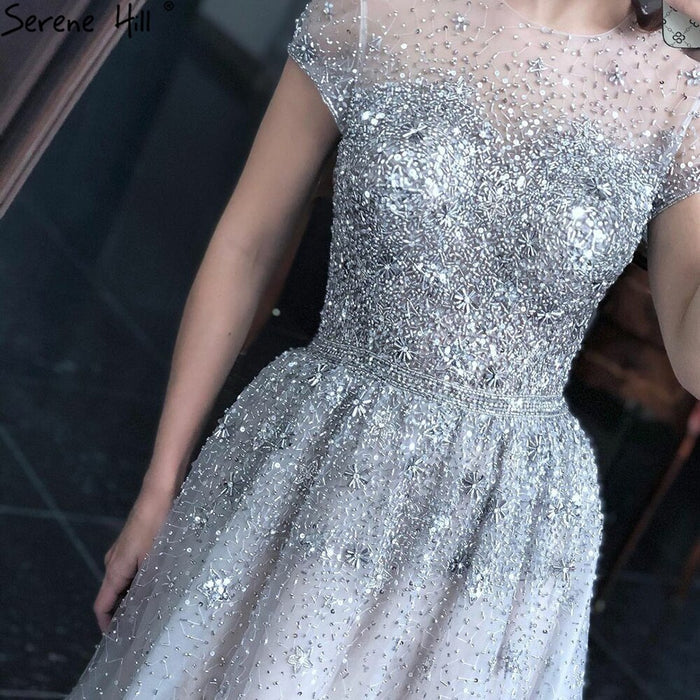 Serene Hill Silver A-Line Tulle Evening Dresses 2025 Dubai Short Sleeves Beading Formal Dress Design LA70715 - SERENE HILL