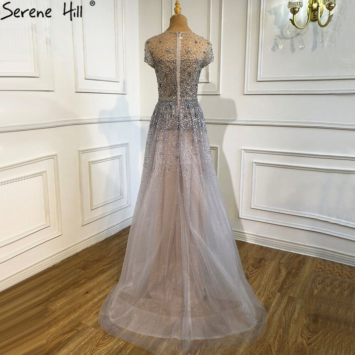 Serene Hill Silver A-Line Tulle Evening Dresses 2025 Dubai Short Sleeves Beading Formal Dress Design LA70715 - SERENE HILL