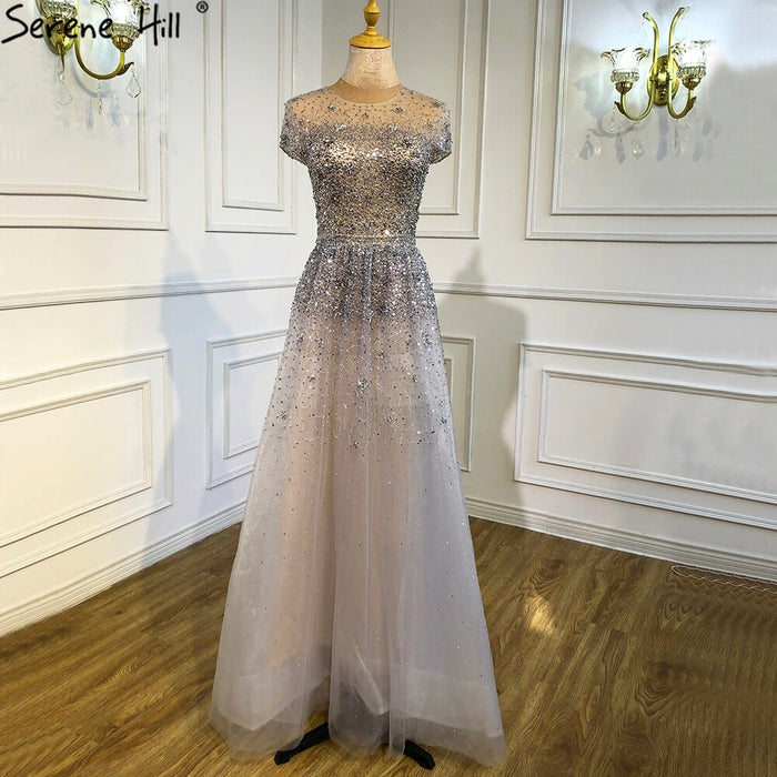 Serene Hill Silver A-Line Tulle Evening Dresses 2025 Dubai Short Sleeves Beading Formal Dress Design LA70715 - SERENE HILL