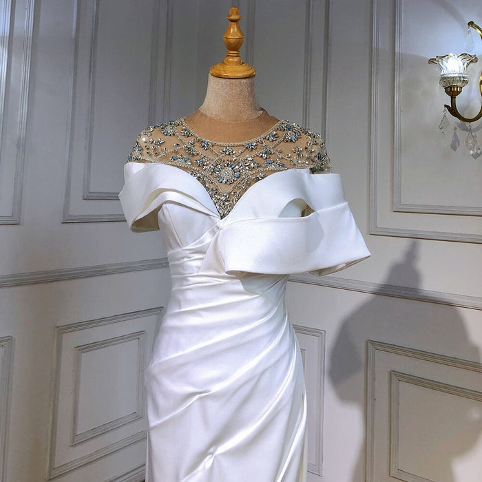 Serene Hill White Satin Beaded Evening Dresses Gowns 2025 Mermaid Elegant Luxury For Women Party LA71487 - SERENE HILL