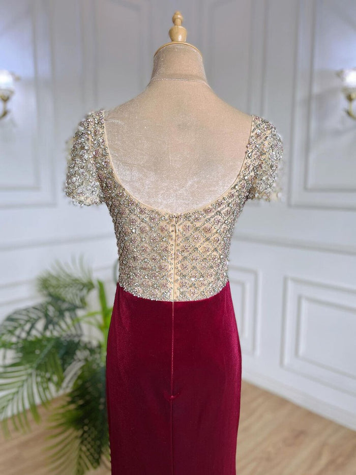 Serene Hill Wine Red Beaded Arabic Evening Dresses Gowns Mermaid Luxury Elegant For Women Party LA71876 - SERENE HILL
