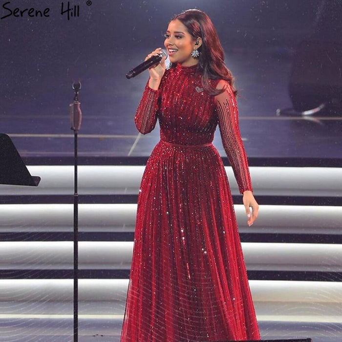 Serene Hill Wine Red Muslim Luxury Evening Dresses Gowns 2025 A-Line Sparkle Beaded For Women Party LA70991 - SERENE HILL