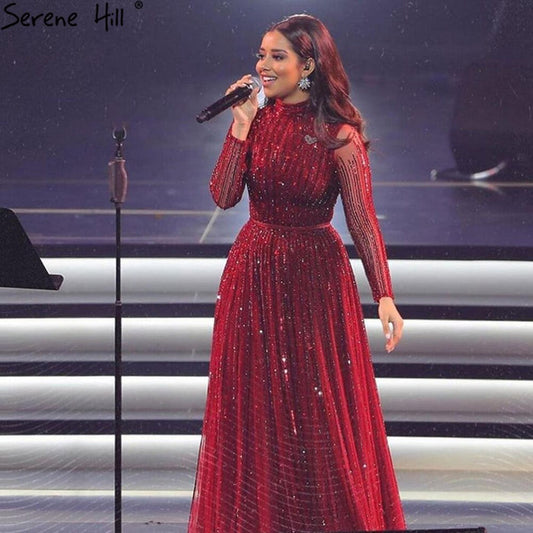 Serene Hill Wine Red Muslim Luxury Evening Dresses Gowns 2025 A-Line Sparkle Beaded For Women Party LA70991 - SERENE HILL