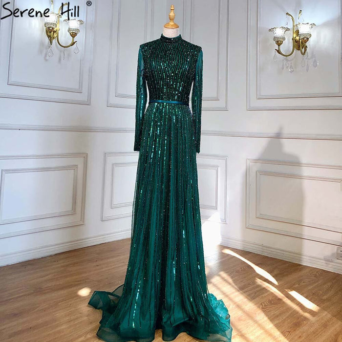 Serene Hill Wine Red Muslim Luxury Evening Dresses Gowns 2025 A-Line Sparkle Beaded For Women Party LA70991 - SERENE HILL