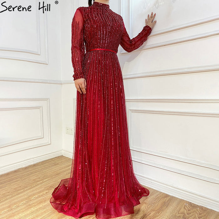 Serene Hill Wine Red Muslim Luxury Evening Dresses Gowns 2025 A-Line Sparkle Beaded For Women Party LA70991 - SERENE HILL