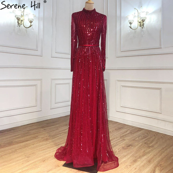Serene Hill Wine Red Muslim Luxury Evening Dresses Gowns 2025 A-Line Sparkle Beaded For Women Party LA70991 - SERENE HILL