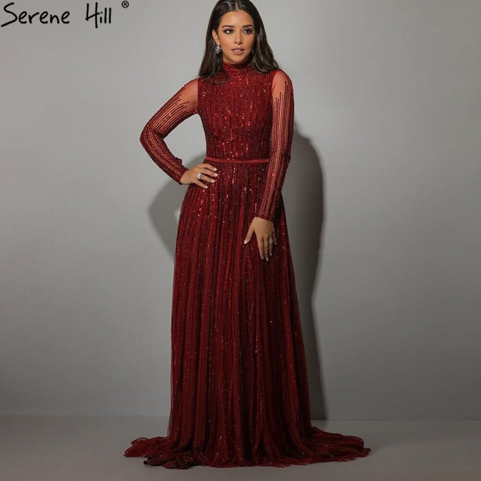 Serene Hill Wine Red Muslim Luxury Evening Dresses Gowns 2025 A-Line Sparkle Beaded For Women Party LA70991 - SERENE HILL