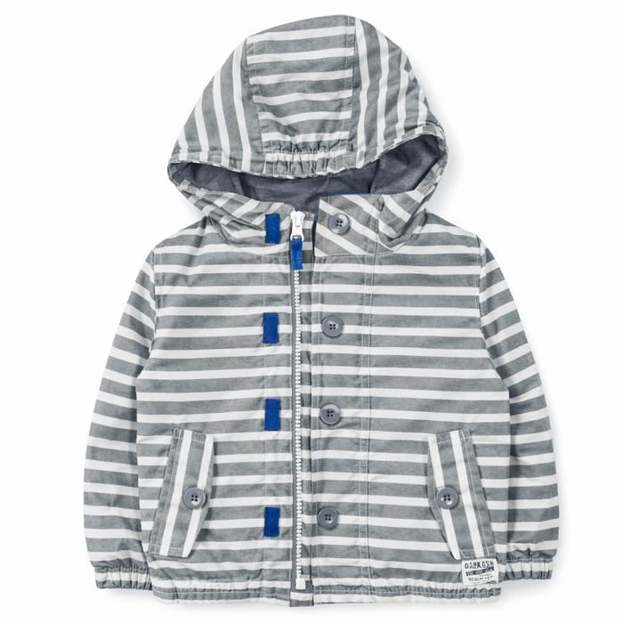 OshKosh Boys Gray & White Striped Hooded Rain Jacket size 12M good used condition