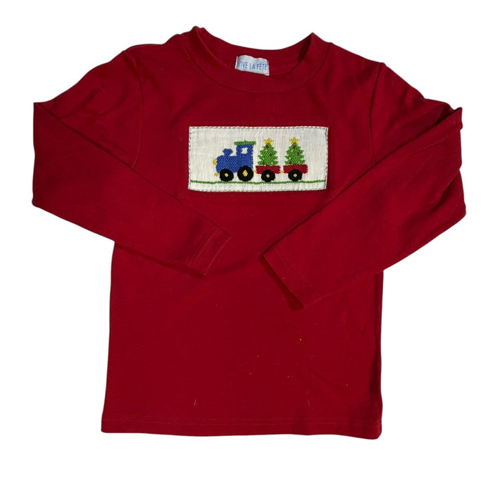 3 Vive La Fete Red Long-sleeve Smocked Christmas Train Shirt GUC