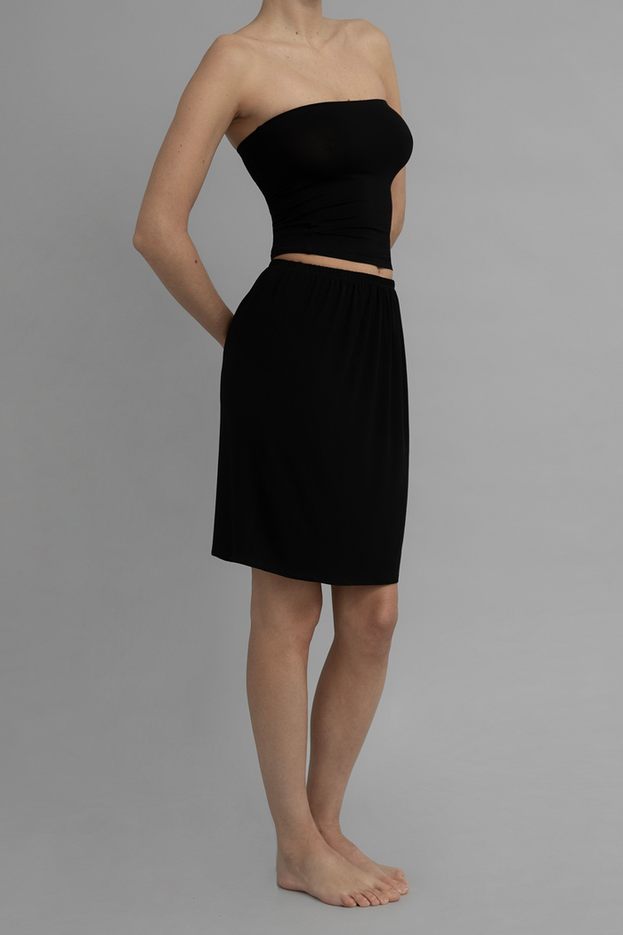 Front View of Recline Skirt in Black from KYE Intimates in Los Angeles.