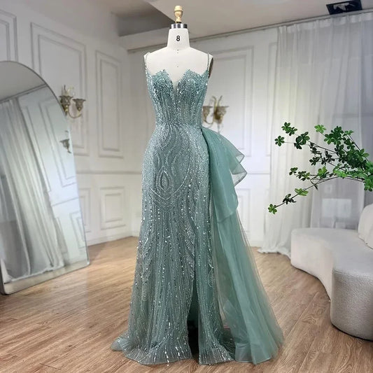 Spaghetti Straps Sage Green Mermaid Evening Dress with Overskirt LA72378 - SERENE HILL