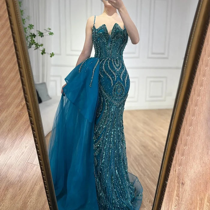 Spaghetti Straps Sage Green Mermaid Evening Dress with Overskirt LA72378 - SERENE HILL
