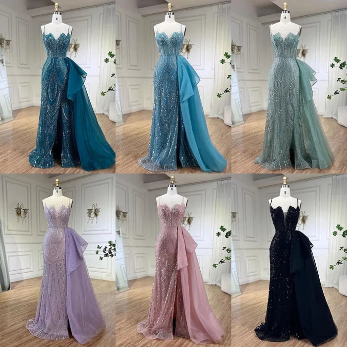 Spaghetti Straps Sage Green Mermaid Evening Dress with Overskirt LA72378 - SERENE HILL