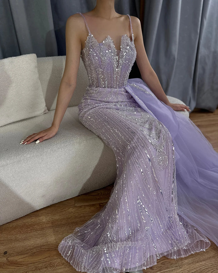 Spaghetti Straps Sage Green Mermaid Evening Dress with Overskirt LA72378 - SERENE HILL