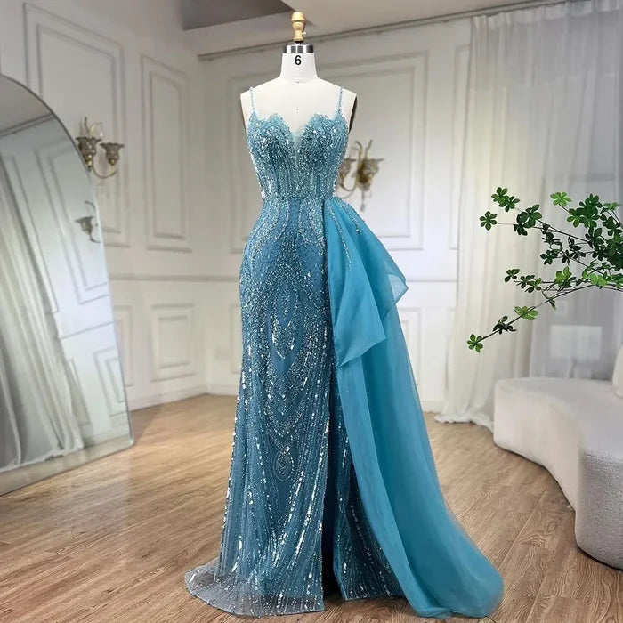 Spaghetti Straps Sage Green Mermaid Evening Dress with Overskirt LA72378 - SERENE HILL