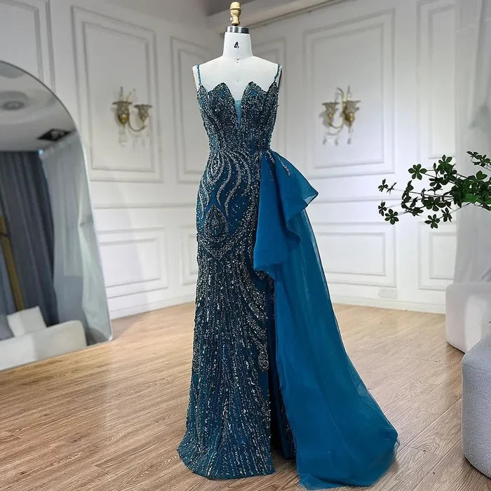 Spaghetti Straps Sage Green Mermaid Evening Dress with Overskirt LA72378 - SERENE HILL