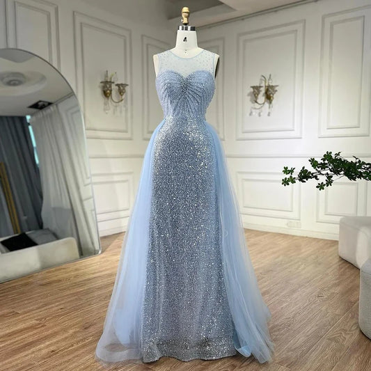 Sparkling Crystal Blue Evening Gown with Overskirt LA72588 - SERENE HILL