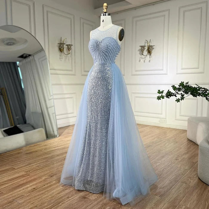 Sparkling Crystal Blue Evening Gown with Overskirt LA72588 - SERENE HILL