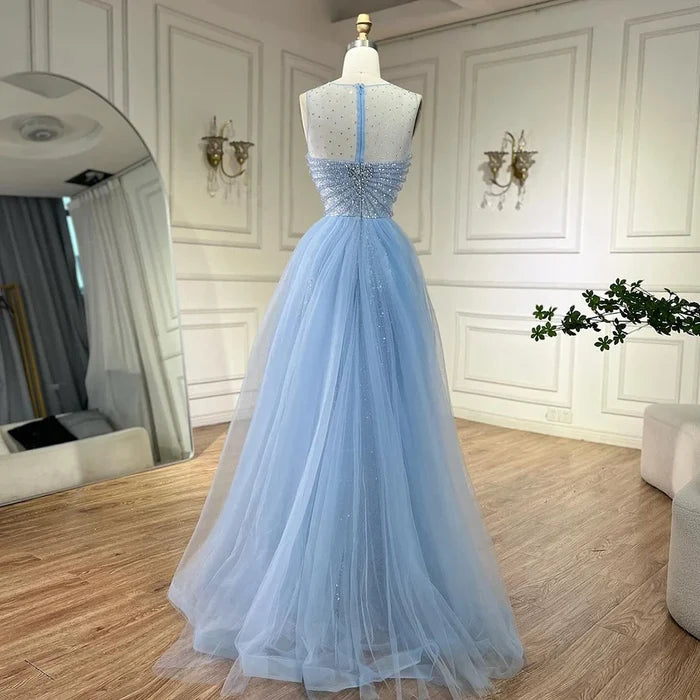 Sparkling Crystal Blue Evening Gown with Overskirt LA72588 - SERENE HILL