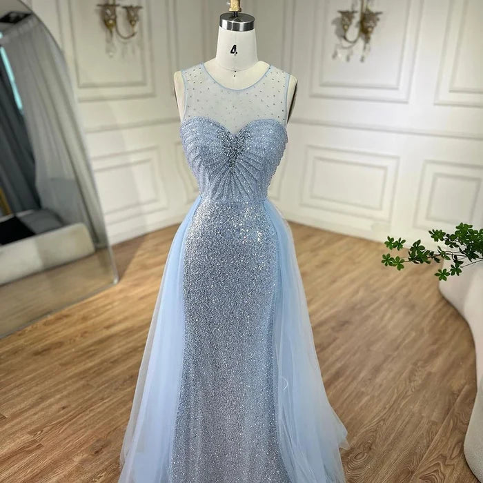 Sparkling Crystal Blue Evening Gown with Overskirt LA72588 - SERENE HILL