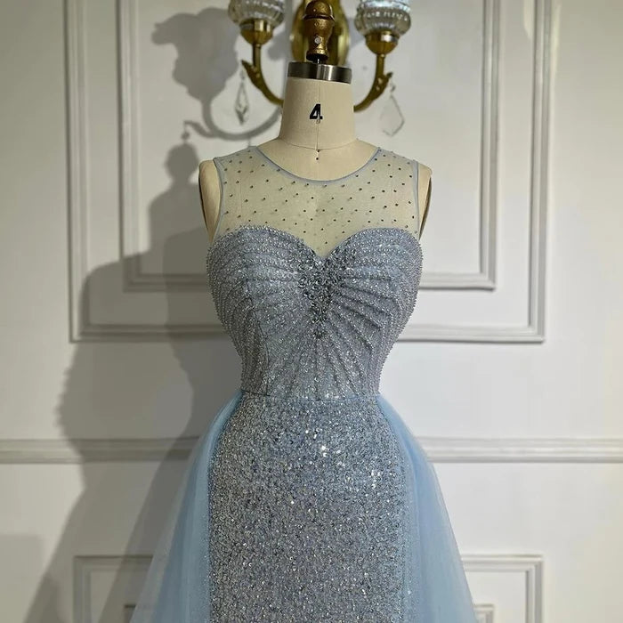 Sparkling Crystal Blue Evening Gown with Overskirt LA72588 - SERENE HILL