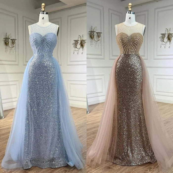 Sparkling Crystal Gold Evening Gown with Overskirt LA72588 - SERENE HILL