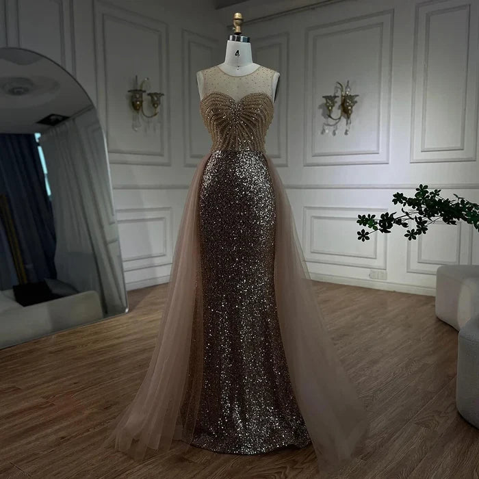 Sparkling Crystal Gold Evening Gown with Overskirt LA72588 - SERENE HILL