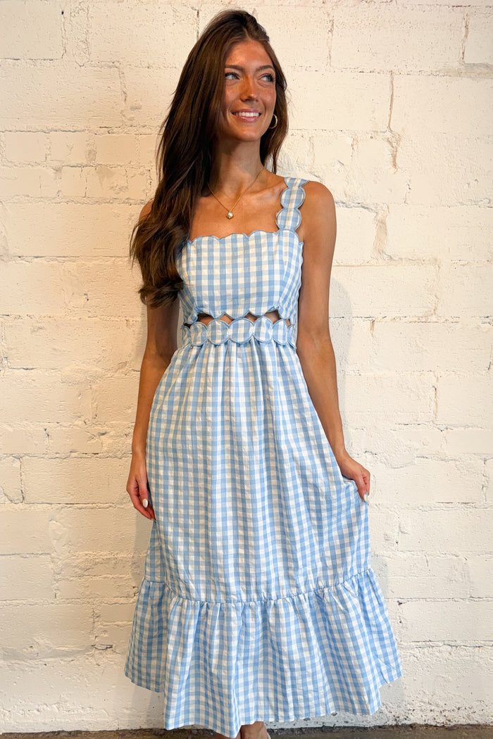 Spring Gingham Scallop Detailed Dress Blue, adeline boutique, dallas boutique, boutique
