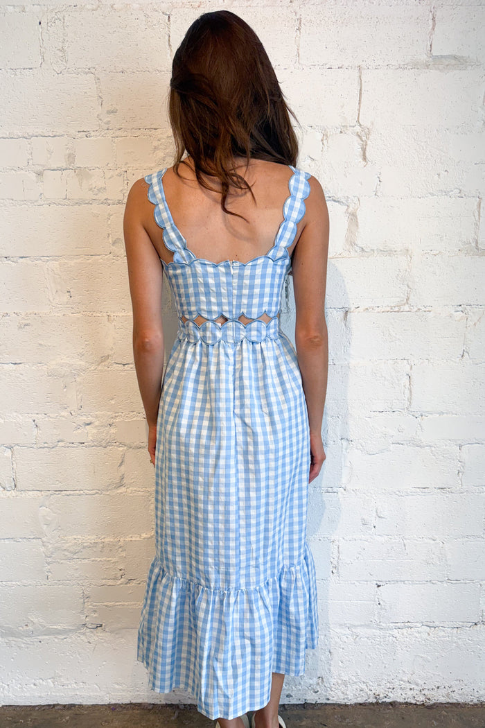 Spring Gingham Scallop Detailed Dress Blue Back, adeline boutique, dallas boutique, boutique