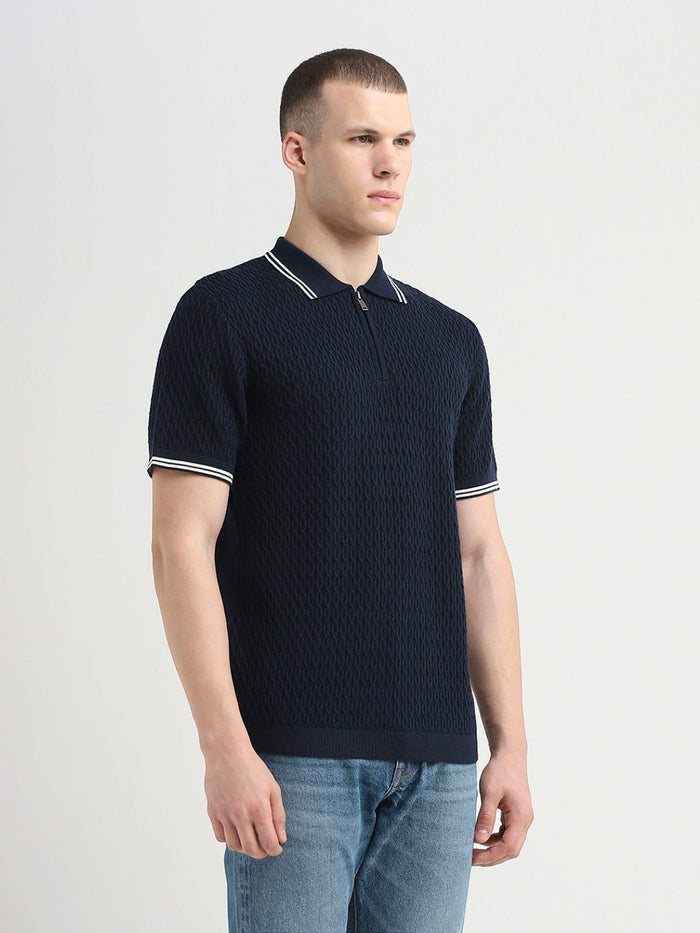Structured Knitted Zip Polo - Blue