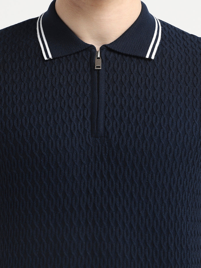 Structured Knitted Zip Polo - Blue