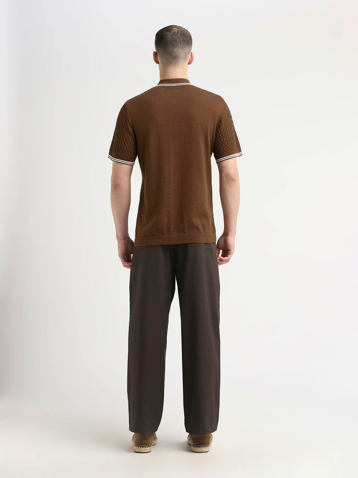 Structured Knitted Zip Polo - Brown