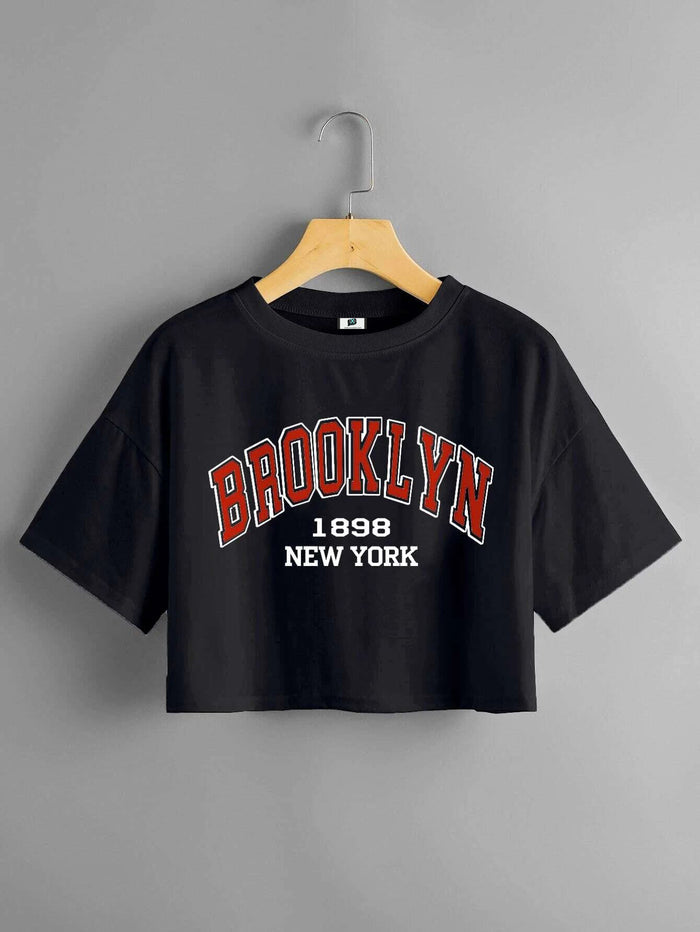 SXV Brooklyn 1898 Letter Graphic Drop Shoulder Crop Tee