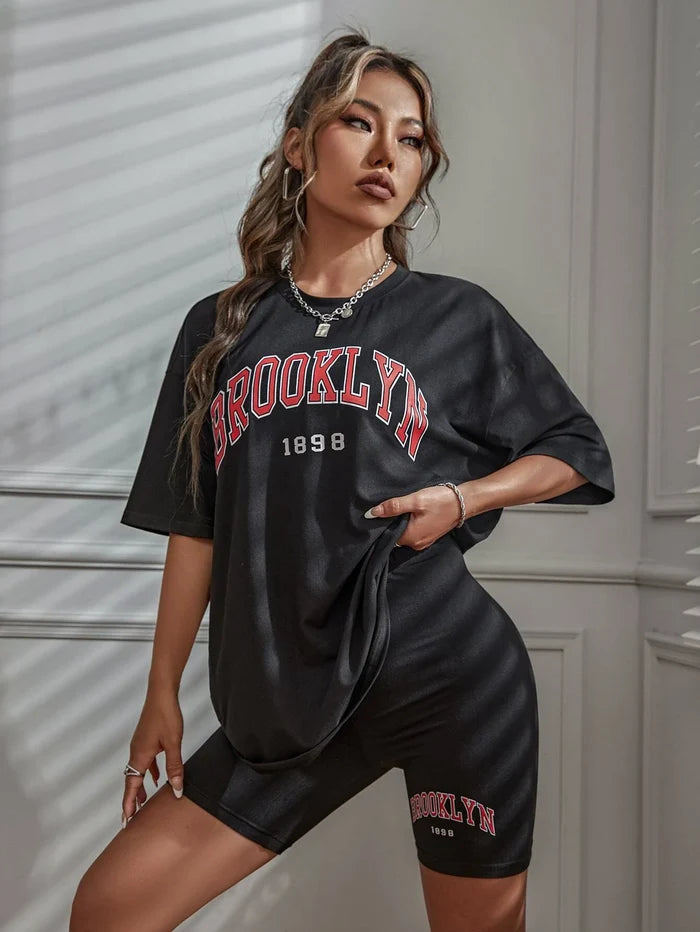 SXV Brooklyn 1898 Letter Graphic Drop Shoulder Longline Tee & Biker Shorts Set
