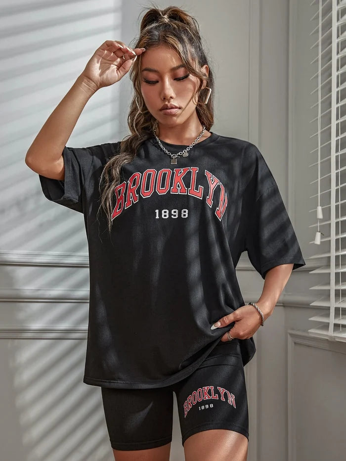 SXV Brooklyn 1898 Letter Graphic Drop Shoulder Longline Tee & Biker Shorts Set