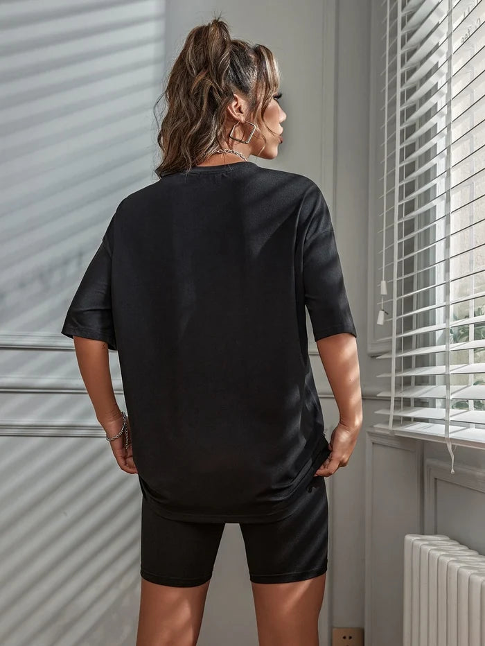 SXV Brooklyn 1898 Letter Graphic Drop Shoulder Longline Tee & Biker Shorts Set