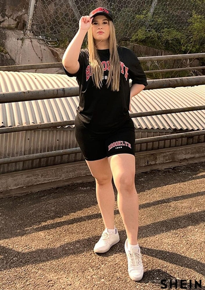 SXV Brooklyn 1898 Letter Graphic Drop Shoulder Longline Tee & Biker Shorts Set