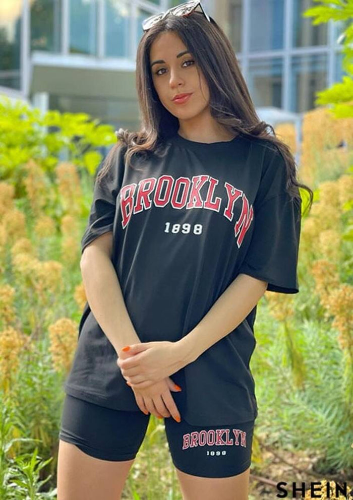 SXV Brooklyn 1898 Letter Graphic Drop Shoulder Longline Tee & Biker Shorts Set