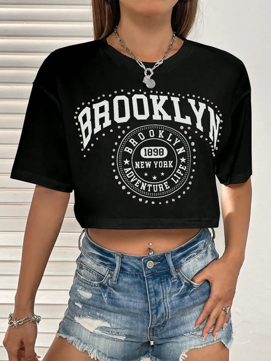 SXV Brooklyn Letter Graphic Drop Shoulder Tee Graphic Tees Women Tops