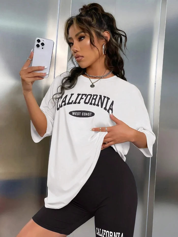 SXV CALIFORNIA west coast Women's Letter Print Short Sleeve Oversized T-Shirt And Shorts Set