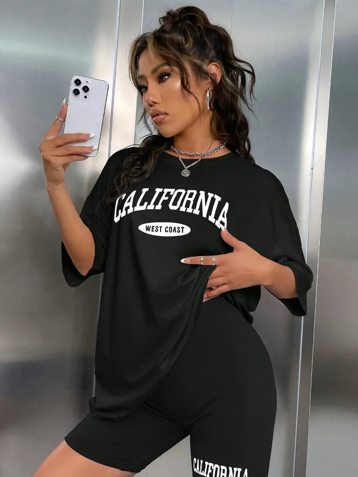 SXV CALIFORNIA west coast Women's Letter Print Short Sleeve Oversized T-Shirt And Shorts Set