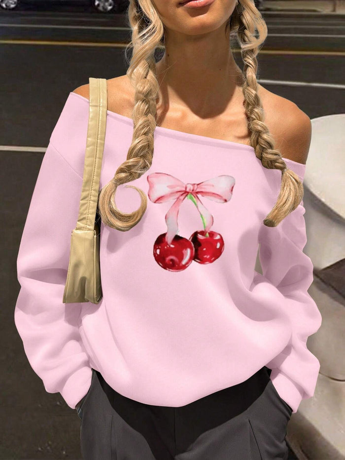 SXV Cherry Blossom Bow Oversized Asymmetrical Shoulder Loose Sweatshirt