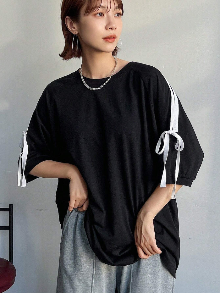SXV Contrast Tape Knot Side Drop Shoulder Tee