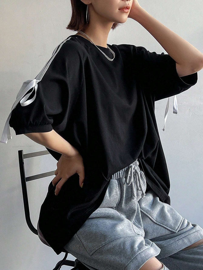 SXV Contrast Tape Knot Side Drop Shoulder Tee