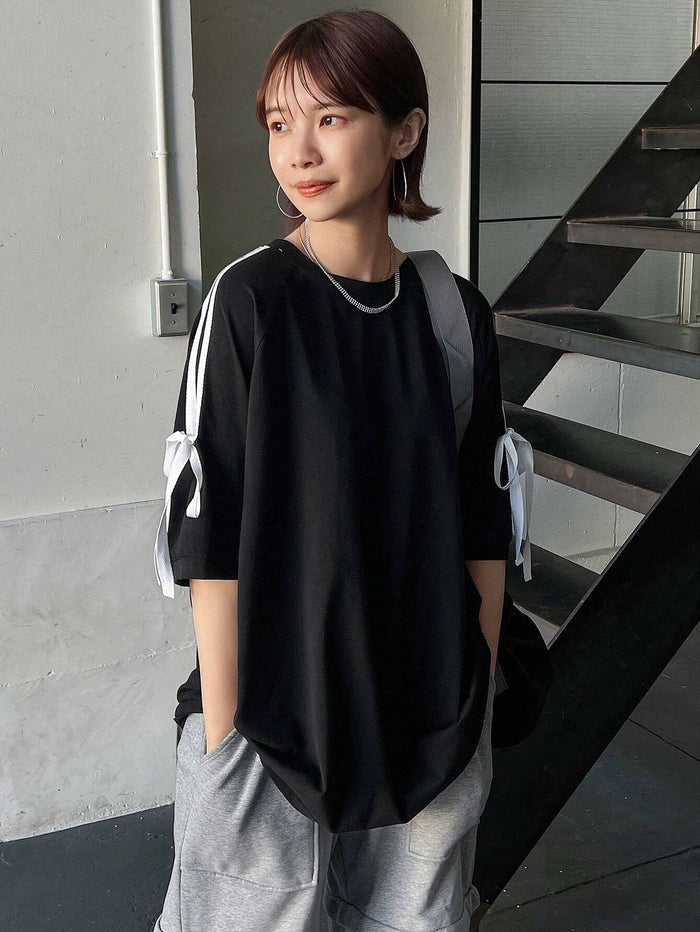 SXV Contrast Tape Knot Side Drop Shoulder Tee