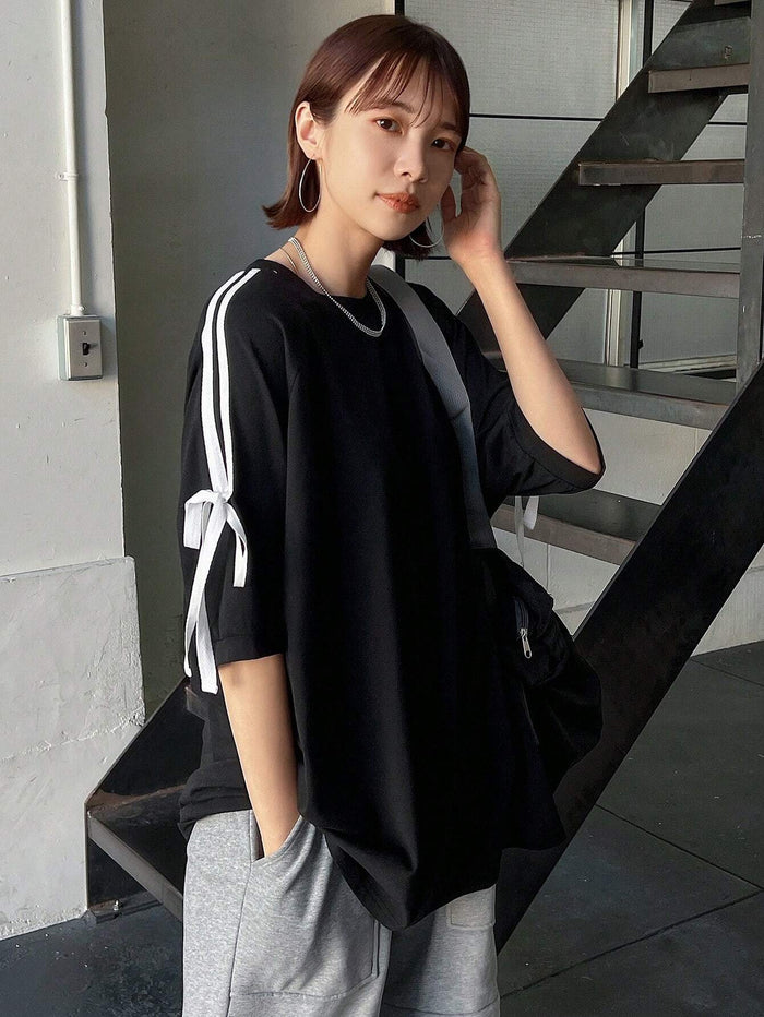 SXV Contrast Tape Knot Side Drop Shoulder Tee