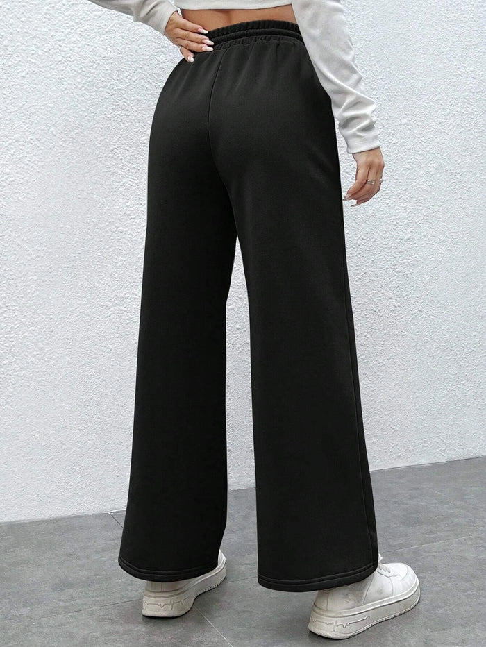 SXV Drawstring Waist Wide Leg Spring Black Sweatpants